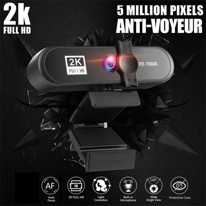 2K Full HD Auto Focus USB Computer Laptop Camera Live Streaming Video Conference Webcam with Built-in Microphone - Black - 2