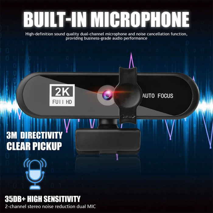 2K Full HD Auto Focus USB Computer Laptop Camera Live Streaming Video Conference Webcam with Built-in Microphone - Black - 5