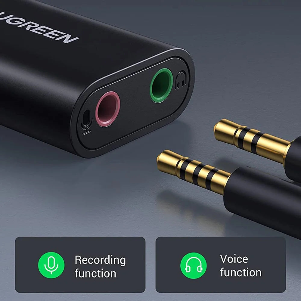 UGREEN 30724 USB Audio Adapter External Stereo Audio Sound Card with 3.5mm Headphone Microphone Jack for Windows Mac Linux PC Laptop PS5 - Black - 3