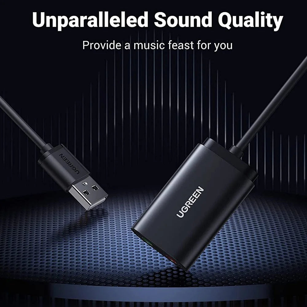 UGREEN 30724 USB Audio Adapter External Stereo Audio Sound Card with 3.5mm Headphone Microphone Jack for Windows Mac Linux PC Laptop PS5 - Black - 4