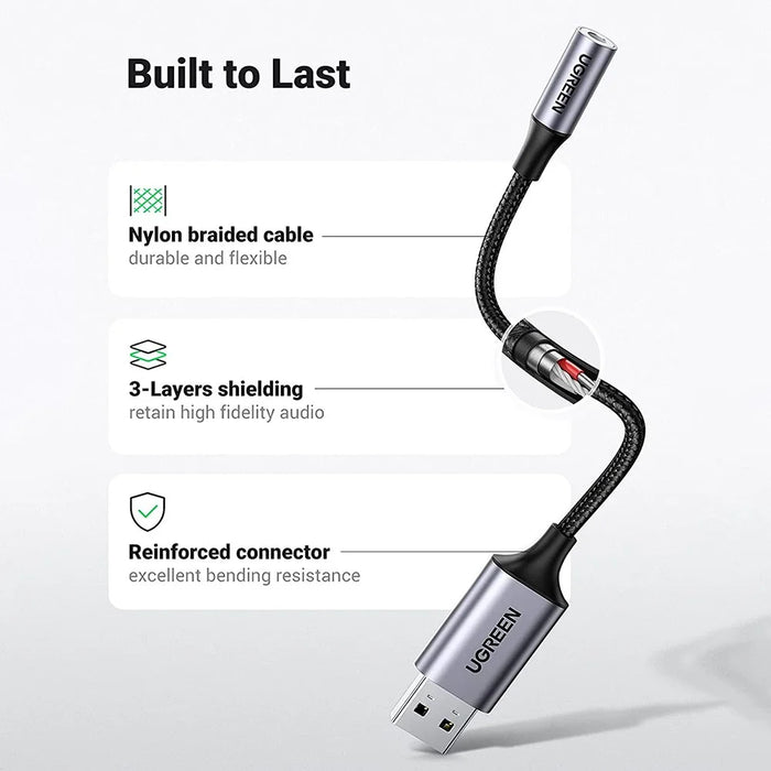 UGREEN 30757 USB Sound Card Adapter to 3.5mm Audio Support Microphone TRRS Headphone DAC USB External Audio Card with Nylon Braided Cable Compatible with Windows Mac Linux PC Laptop PS5 PS4 - 3