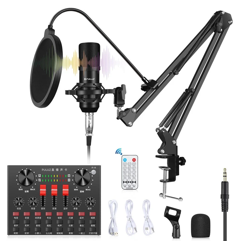 PULUZ PKT3601B Sound Card Live Broadcast Bluetooth-compatible Sound Mixer Studio Microphone Kits with Suspension Scissor Arm and Metal Shock Mount - 1