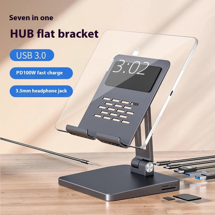 H13U Phone Tablet Stand Aluminum Alloy Desktop Bracket with 7-in-1 USB Hub Docking Station - 2