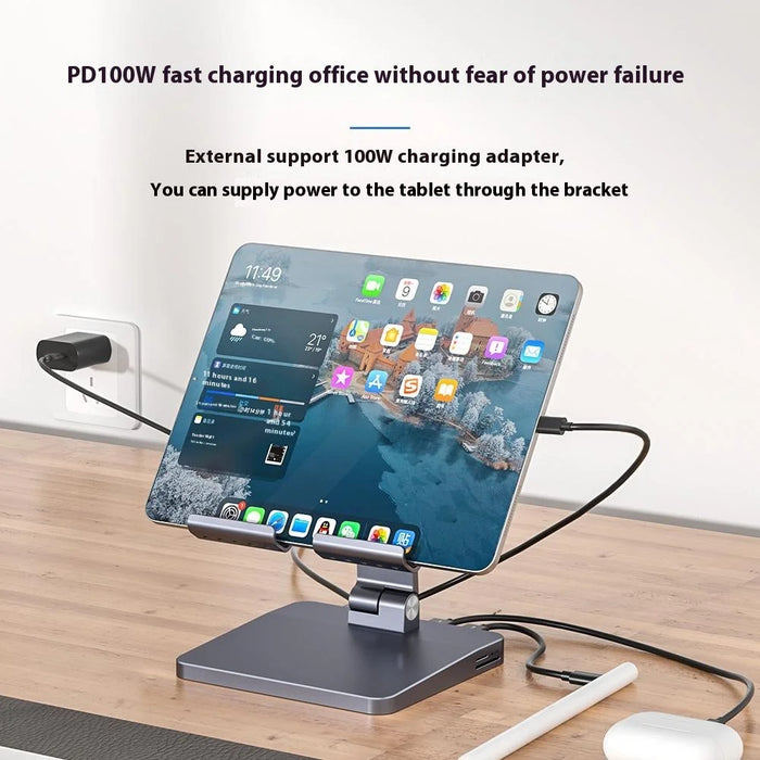 H13U Phone Tablet Stand Aluminum Alloy Desktop Bracket with 7-in-1 USB Hub Docking Station - 7