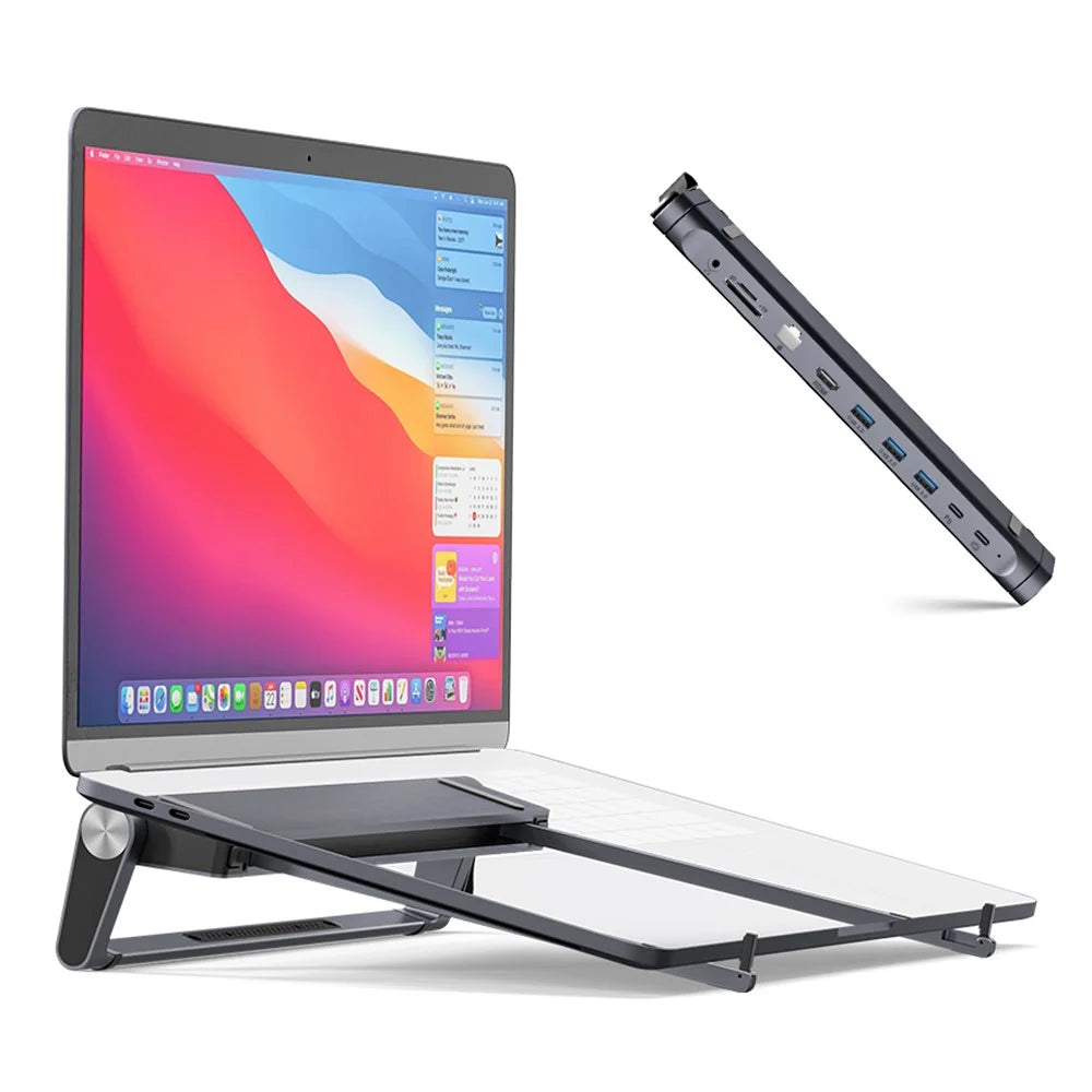 T12U For 7-17 Inch Laptop Riser Folding Tablet Bracket with 9-in-1 Hub Docking Station - 1
