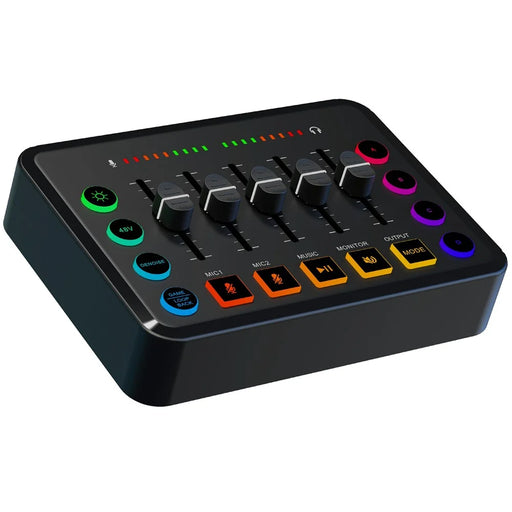 F9 Sound Card for Live Streaming Professional Audio Mixer with 48V Phantom Power Voice Changer RGB Lights - Black - 1