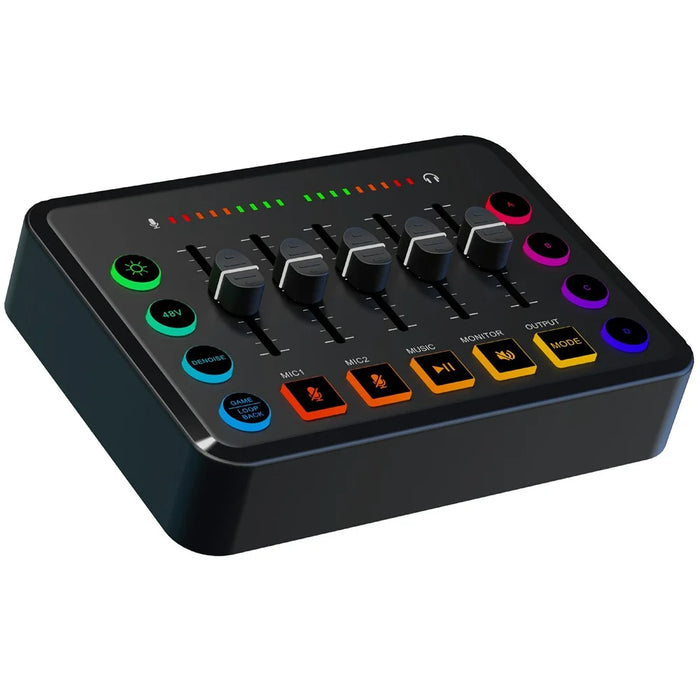 F9 Sound Card for Live Streaming Professional Audio Mixer with 48V Phantom Power Voice Changer RGB Lights - Black - 1