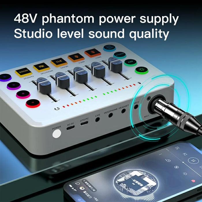 F9 Sound Card for Live Streaming Professional Audio Mixer with 48V Phantom Power Voice Changer RGB Lights - Black - 6