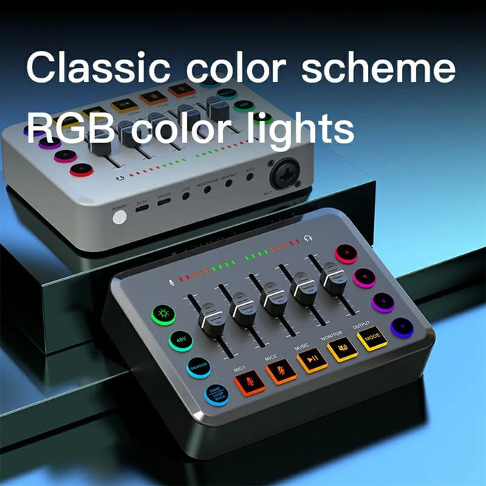 F9 Sound Card for Live Streaming Professional Audio Mixer with 48V Phantom Power Voice Changer RGB Lights - Black - 7