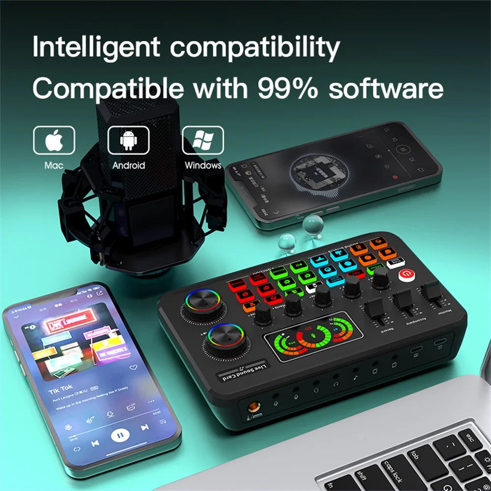 F996 Max USB Microphone Sound Card with Customizable Effects for Live Streaming / Gaming / Singing Audio Mixer - 6