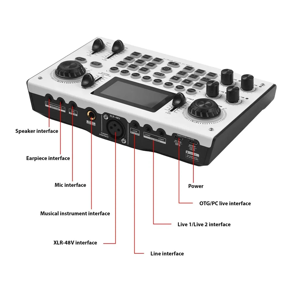 C100pro 5 Sound Effects Portable Live Sound Card Audio Mixer for Streaming / Recording - White - 4