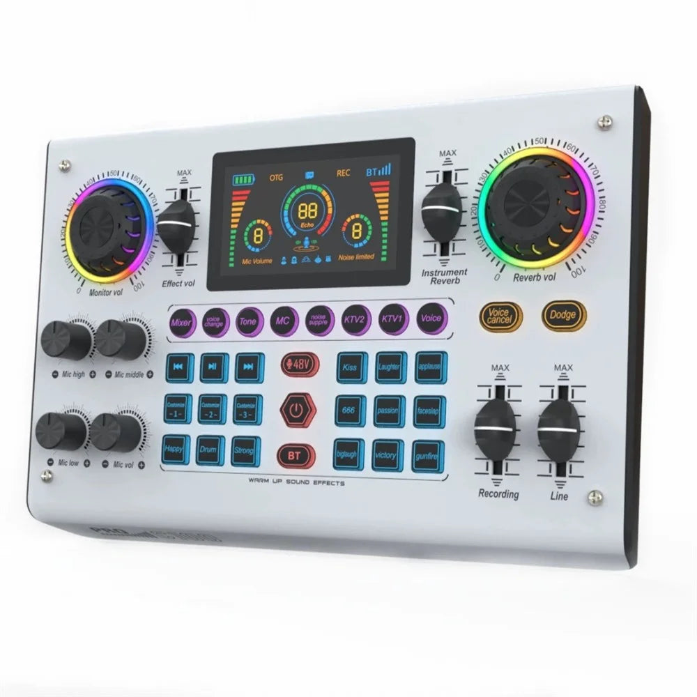 C100pro 5 Sound Effects Portable Live Sound Card Audio Mixer for Streaming / Recording - White - 7