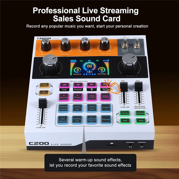 C200 Audio Mixer Sound Card Bluetooth-Compatible Adjustable Mixing Console for Live Streaming  /  Singing - White - 3