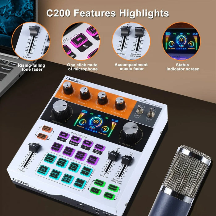 C200 Audio Mixer Sound Card Bluetooth-Compatible Adjustable Mixing Console for Live Streaming  /  Singing - White - 4