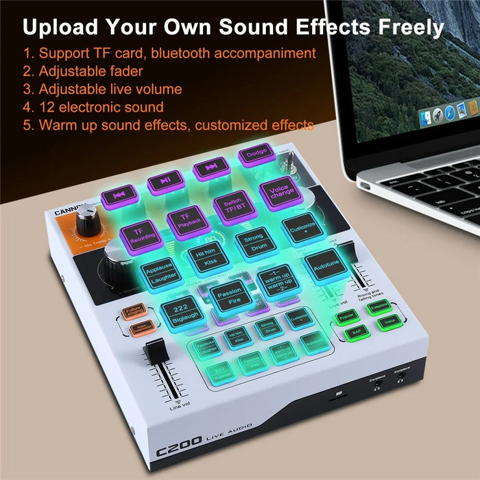 C200 Audio Mixer Sound Card Bluetooth-Compatible Adjustable Mixing Console for Live Streaming  /  Singing - White - 5