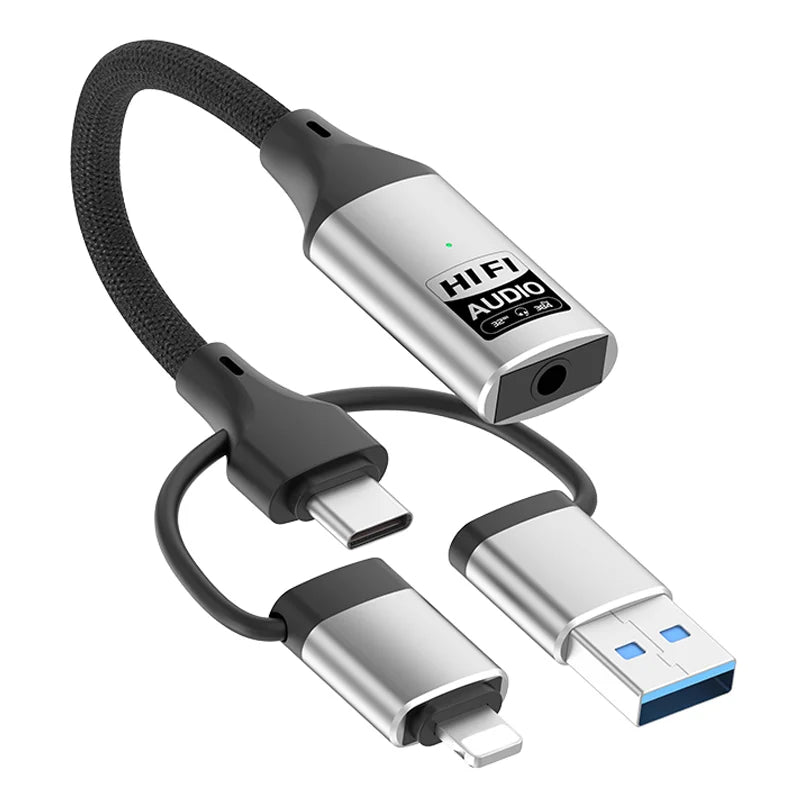 3 in 1 iP/USB/Type-C to 3.5mm Jack Adapter HiFi External Sound Card Plug and Play - Silver - 1