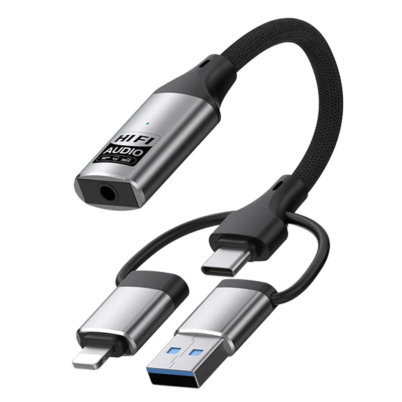 3 in 1 iP/USB/Type-C to 3.5mm Jack Adapter HiFi External Sound Card Plug and Play - Silver - 2