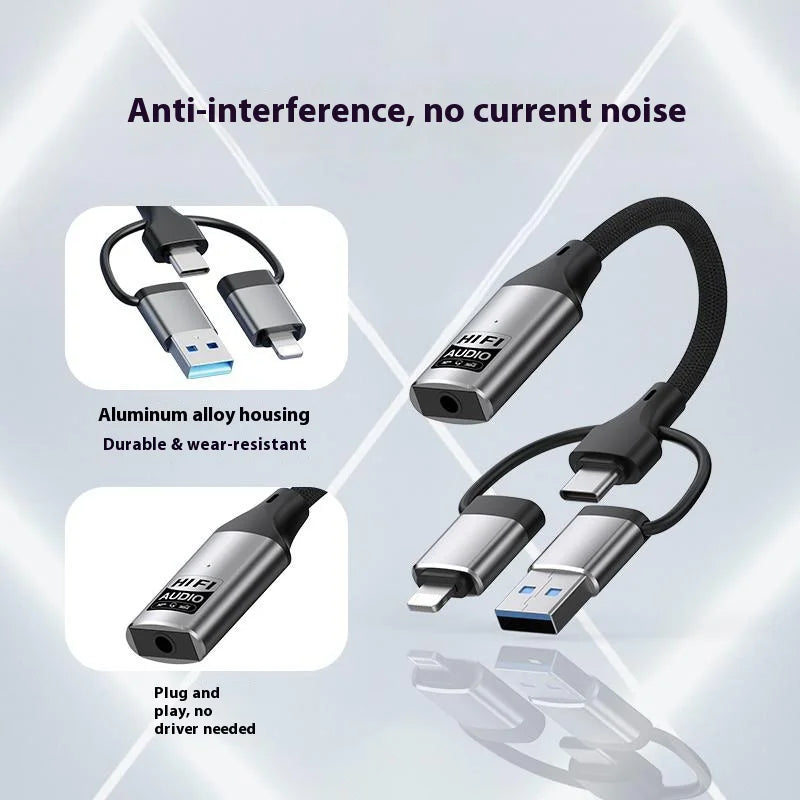 3 in 1 iP/USB/Type-C to 3.5mm Jack Adapter HiFi External Sound Card Plug and Play - Silver - 4