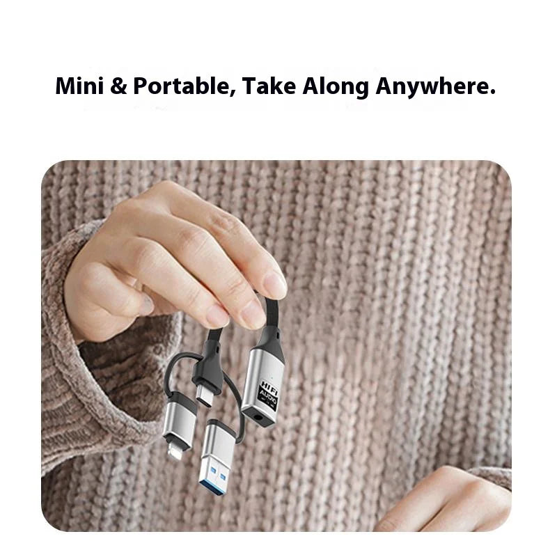3 in 1 iP/USB/Type-C to 3.5mm Jack Adapter HiFi External Sound Card Plug and Play - Silver - 5