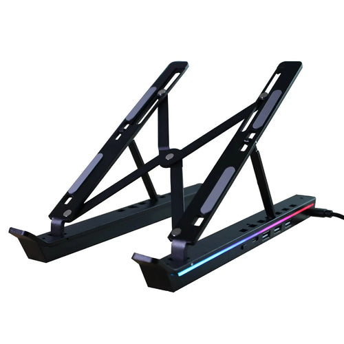 6 Heights Adjustable Laptop Stand with RGB Backlit Aluminum Alloy USB Hub Foldable Notebook Riser Bracket - Black - 1