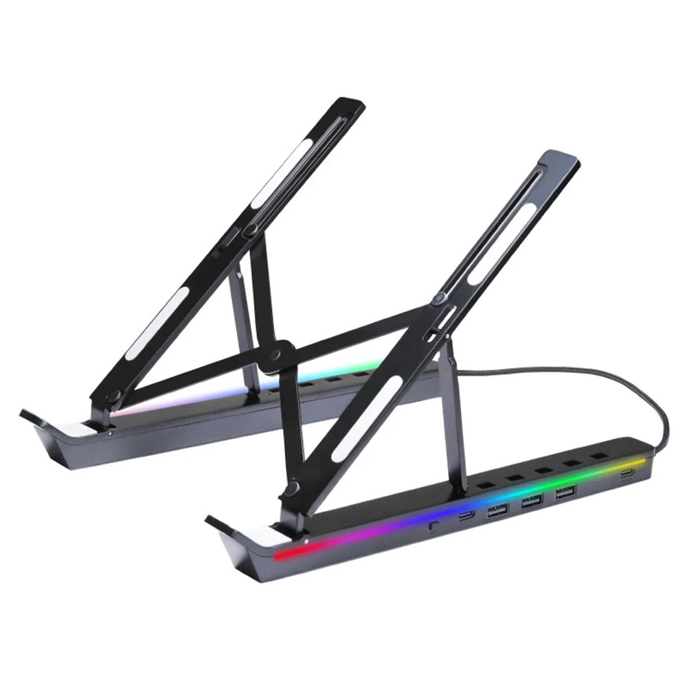 6 Heights Adjustable Laptop Stand with RGB Backlit Aluminum Alloy USB Hub Foldable Notebook Riser Bracket - Black - 2