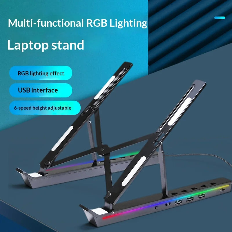 6 Heights Adjustable Laptop Stand with RGB Backlit Aluminum Alloy USB Hub Foldable Notebook Riser Bracket - Black - 3
