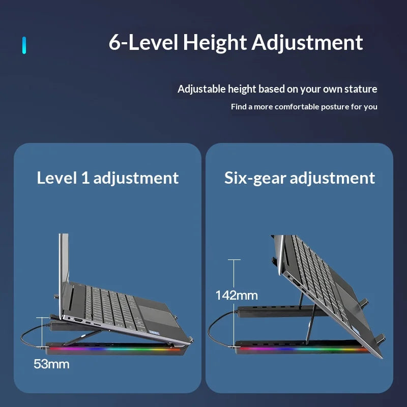 6 Heights Adjustable Laptop Stand with RGB Backlit Aluminum Alloy USB Hub Foldable Notebook Riser Bracket - Black - 4
