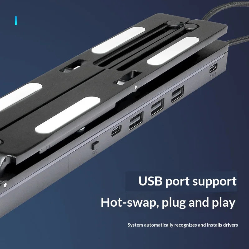 6 Heights Adjustable Laptop Stand with RGB Backlit Aluminum Alloy USB Hub Foldable Notebook Riser Bracket - Black - 5