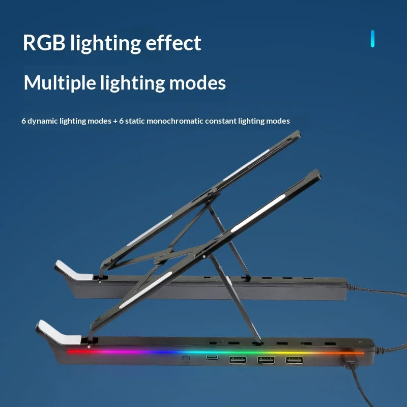 6 Heights Adjustable Laptop Stand with RGB Backlit Aluminum Alloy USB Hub Foldable Notebook Riser Bracket - Black - 6