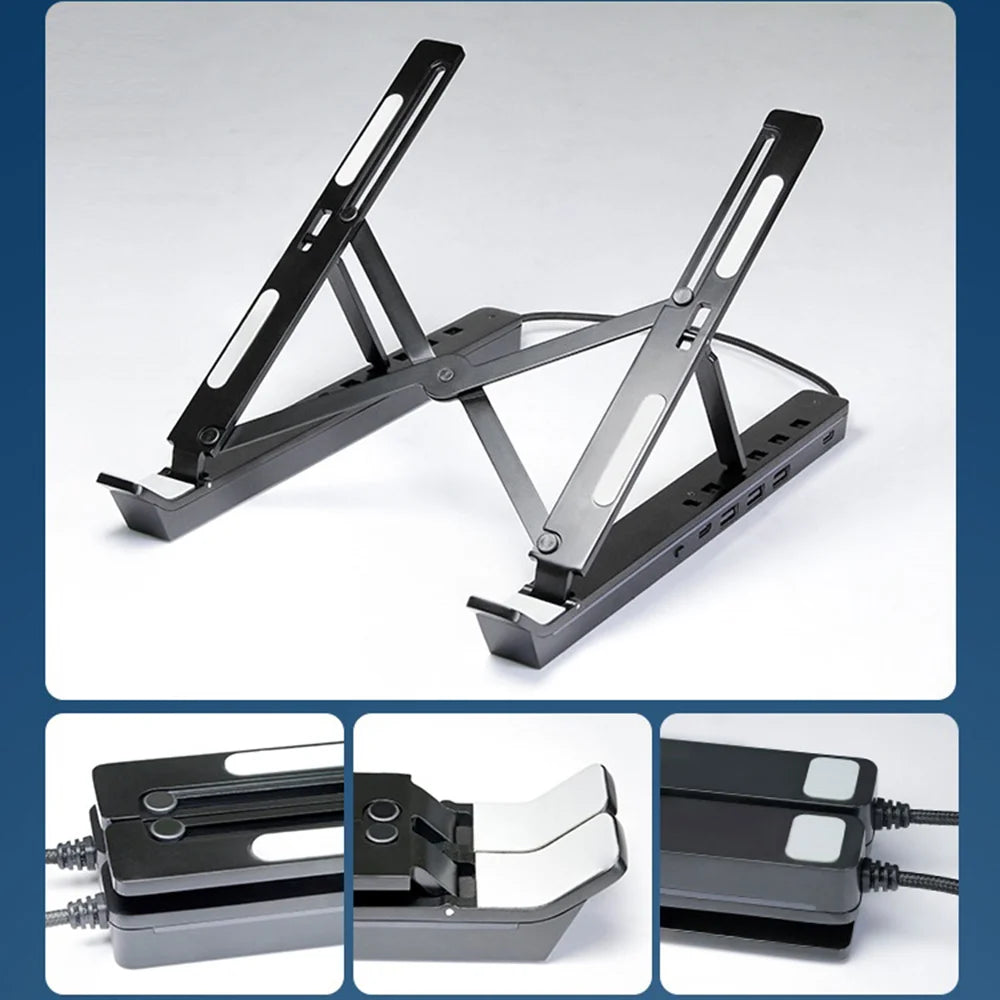 6 Heights Adjustable Laptop Stand with RGB Backlit Aluminum Alloy USB Hub Foldable Notebook Riser Bracket - Black - 7