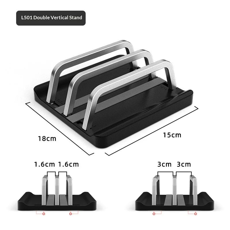 L501 2-Slot Vertical Laptop Stand ABS + Aluminum Alloy Adjustable Desktop Notebook Storage Holder Support - Black - 5