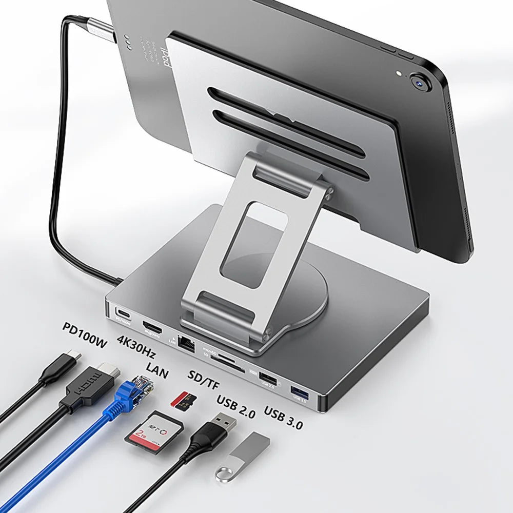 BLUEENDLESS ST706A 7 in 1 Type-C Hub with 360 Degree Rotating Adjustable Tablet Stand Holder - Grey - 3