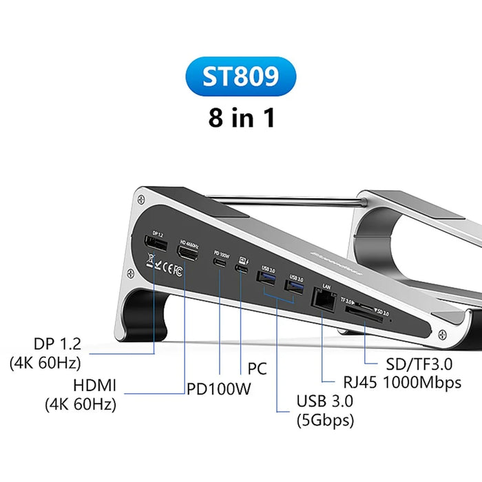 BLUEENDLESS ST809 8 in 1 Laptop Stand Type-C Hub with DP 1.2 + RJ45 + 4K 60Hz HD + PD 100W + 2 USB 3.0 + TF Card Reader - Silver Grey - 5