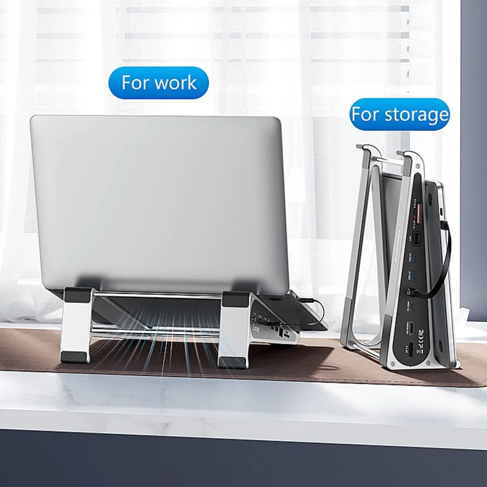 BLUEENDLESS ST709 7 in 1 Laptop Stand Riser Type-C Hub with RJ45 + 4K 60Hz HD + PD 100W + 2 USB 3.0 + TF Card Reader - Silver Grey - 4
