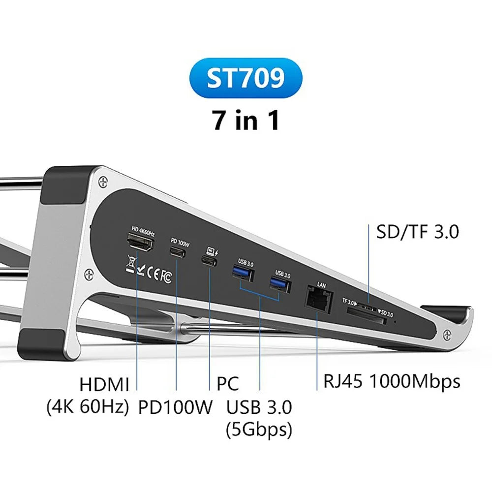 BLUEENDLESS ST709 7 in 1 Laptop Stand Riser Type-C Hub with RJ45 + 4K 60Hz HD + PD 100W + 2 USB 3.0 + TF Card Reader - Silver Grey - 5