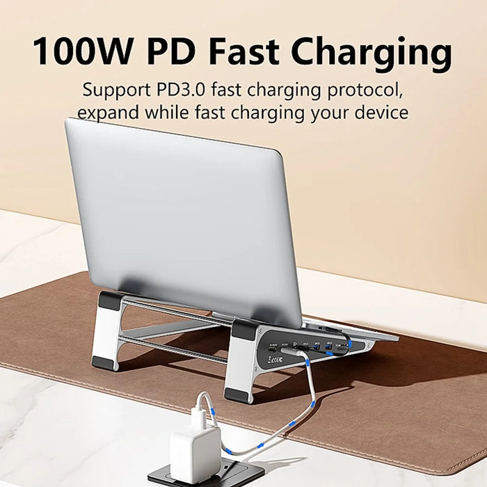 BLUEENDLESS ST708 7 in 1 Laptop Stand Riser Type-C Hub with 4K 60Hz HD + PD 100W + 3 USB 3.0 + TF Card Reader - Silver Grey - 2