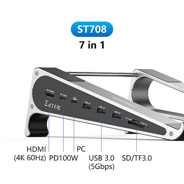 BLUEENDLESS ST708 7 in 1 Laptop Stand Riser Type-C Hub with 4K 60Hz HD + PD 100W + 3 USB 3.0 + TF Card Reader - Silver Grey - 4