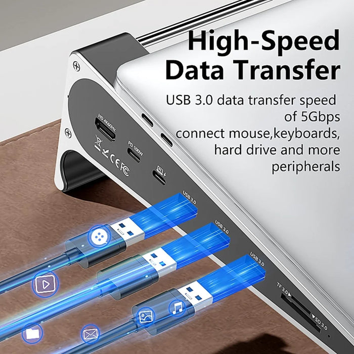 BLUEENDLESS ST708 7 in 1 Laptop Stand Riser Type-C Hub with 4K 60Hz HD + PD 100W + 3 USB 3.0 + TF Card Reader - Silver Grey - 5