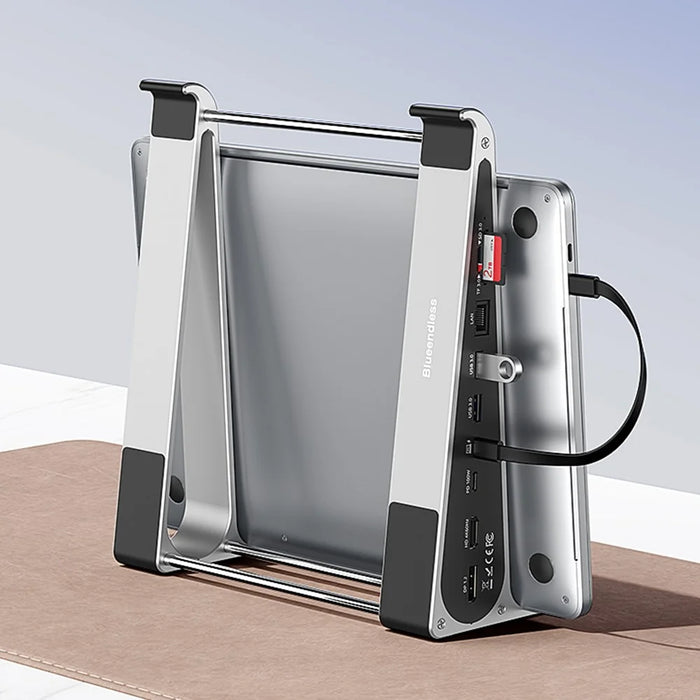 BLUEENDLESS ST708 7 in 1 Laptop Stand Riser Type-C Hub with 4K 60Hz HD + PD 100W + 3 USB 3.0 + TF Card Reader - Silver Grey - 6