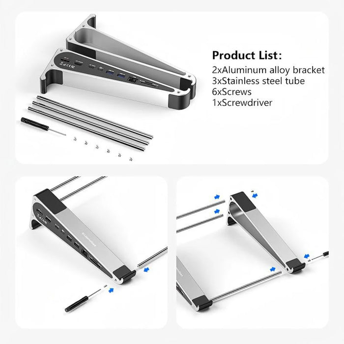 BLUEENDLESS ST708 7 in 1 Laptop Stand Riser Type-C Hub with 4K 60Hz HD + PD 100W + 3 USB 3.0 + TF Card Reader - Silver Grey - 7