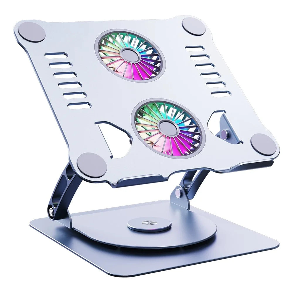 R-JUST HZ13-1 Laptop Bracket with Dual Cooling Fan and Colorful Light 360 Degree Rotating Height Adjustable Notebook Stand - Grey - 1