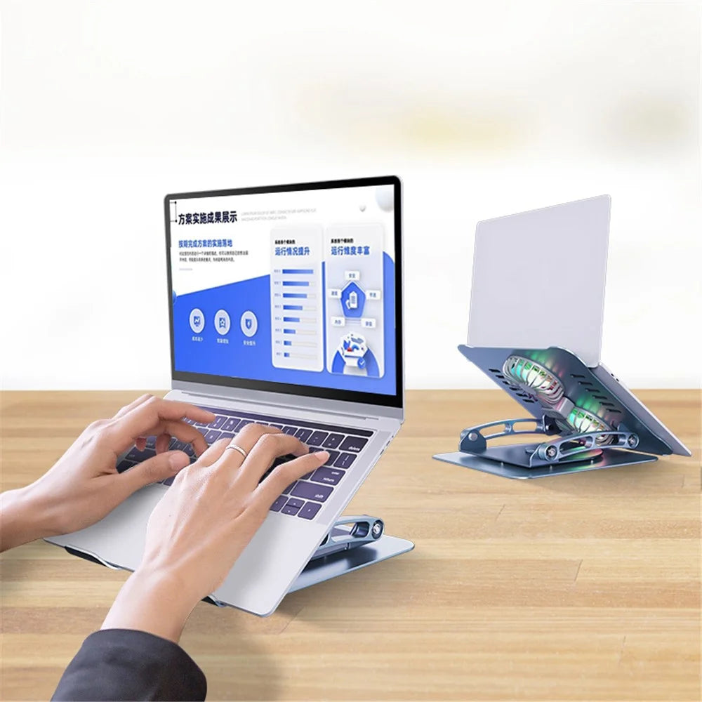 R-JUST HZ13-1 Laptop Bracket with Dual Cooling Fan and Colorful Light 360 Degree Rotating Height Adjustable Notebook Stand - Grey - 5