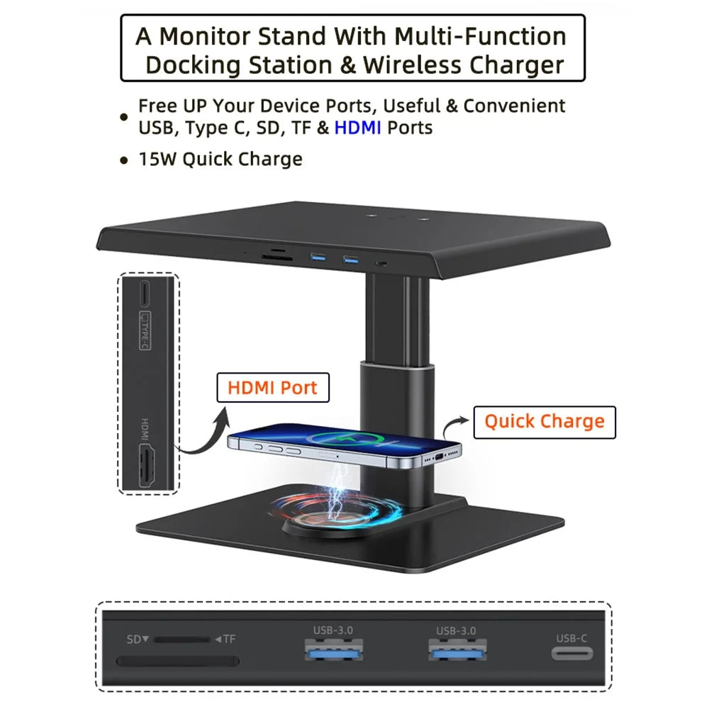 Z10Q Aluminum Alloy Computer Monitor Stand Riser USB Hub Docking Station Wireless Charger - 5