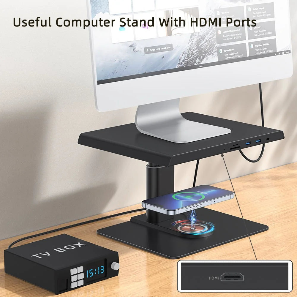 Z10Q Aluminum Alloy Computer Monitor Stand Riser USB Hub Docking Station Wireless Charger - 7