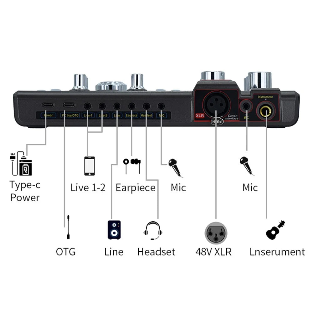 K380 48V Sound Card External Audio Mixer Live Broadcast Sound Card Audio Interface - 7