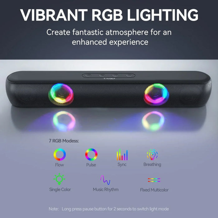 T-WOLF B320 Bluetooth-compatible Speaker Stereo Dual Drivers with 7 RGB Modes Support TF/USB/FM for Smartphone, PC - Black - 3