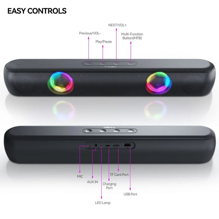 T-WOLF B320 Bluetooth-compatible Speaker Stereo Dual Drivers with 7 RGB Modes Support TF/USB/FM for Smartphone, PC - Black - 4