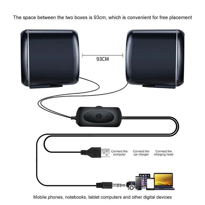 EZEEY A1 One Pair 3.5mm+USB Mini Square Wired Speaker Computer Multimedia Desktop Speaker Box for Tablet, Laptop, Phone - Black - 3