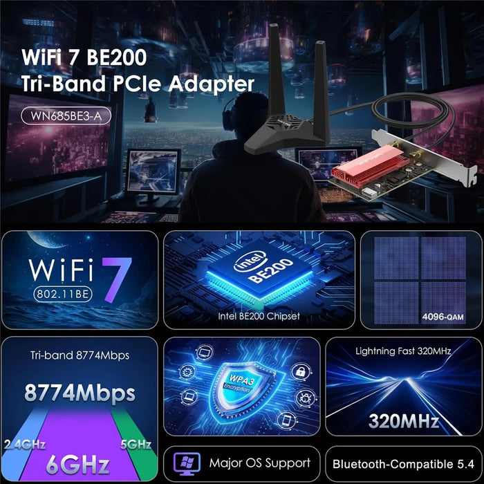 WAVLINK WL-WN685BE3-A Desktop PC WiFi 7 BE8800 Pcie Card Bluetooth-Compatible 5.4 8800Mbps Tri-Band BE200 Wireless Adapter - 2