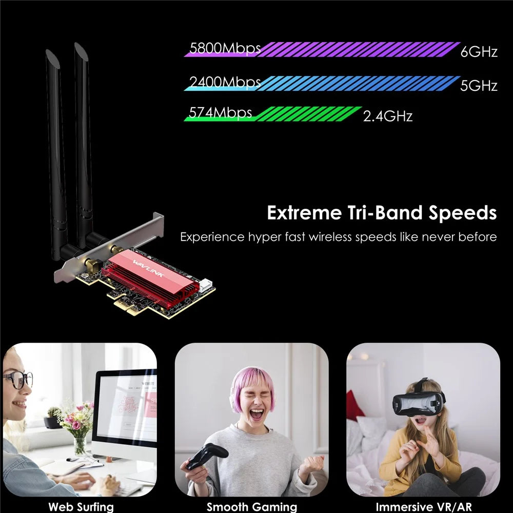 WAVLINK WL-WN685BE3-B WiFi 7 Tri-Band PCI-E Wireless Network Card BE8800 2.4GHz 5GHz 6GHz Bluetooth-Compatible 5.4 Adapter - 6